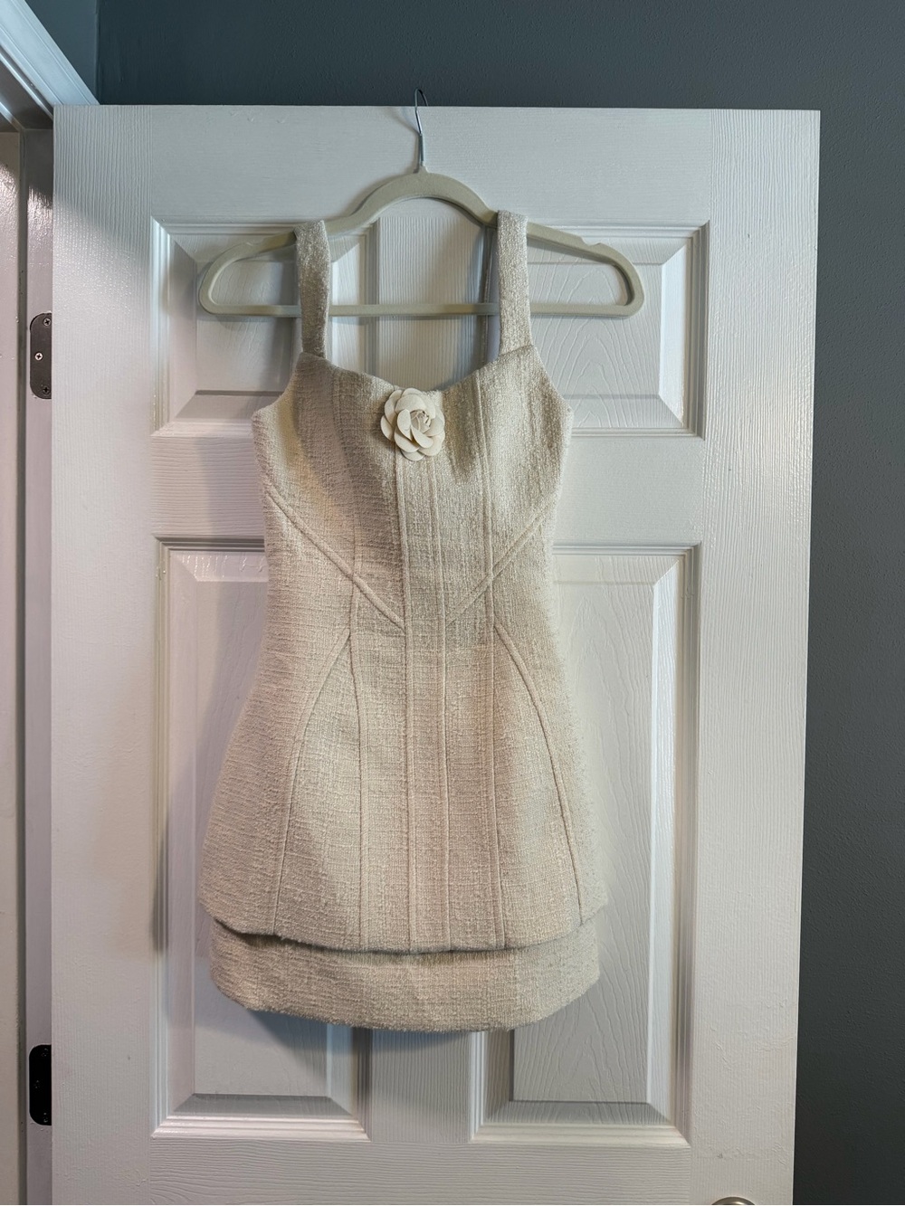 HERESS Ivory Bouclé Mini Dress with Rosette Detail